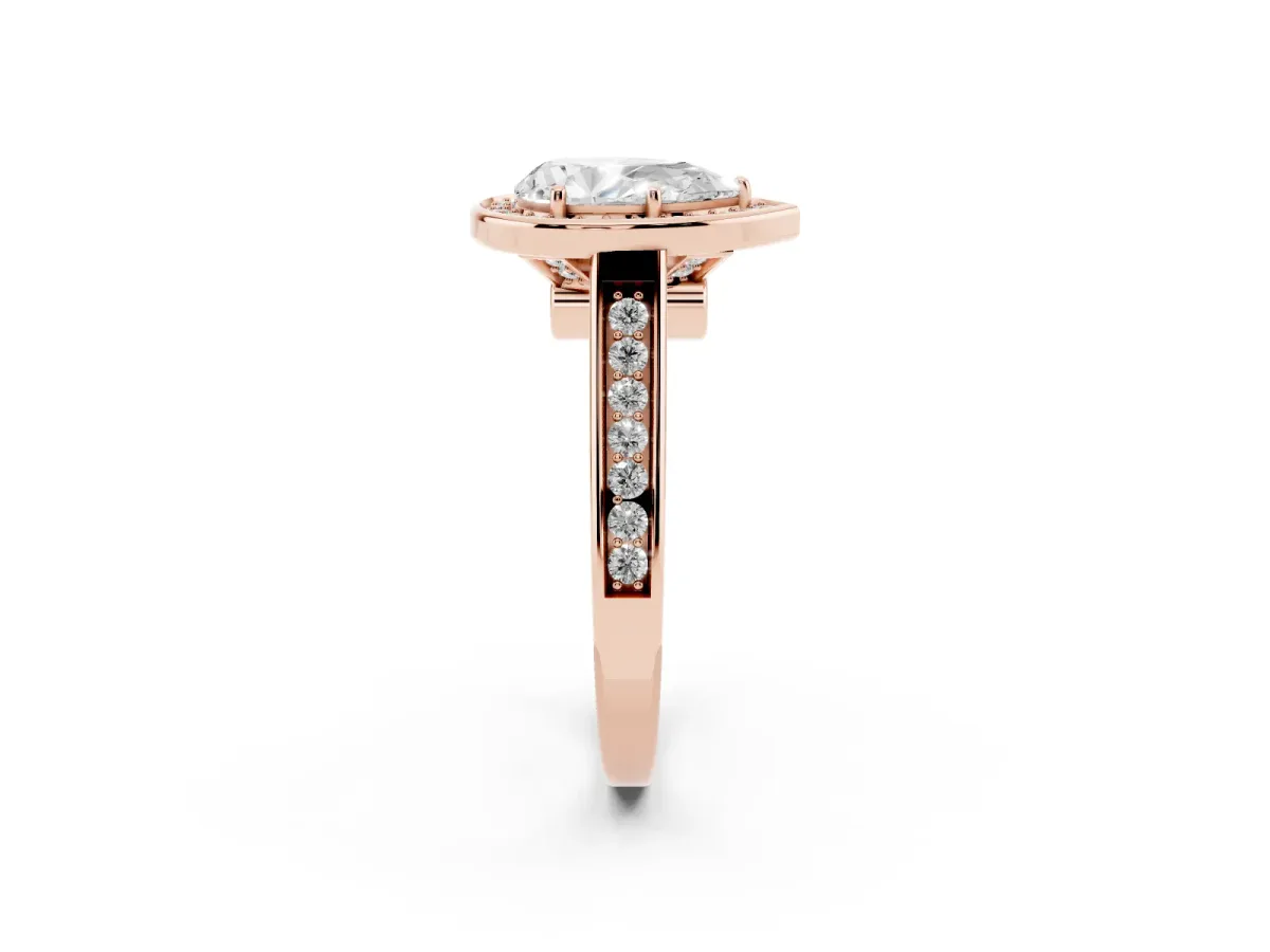 Pear Cut Halo Solitaire Diamond Ring with Pave Band and Bezel Setting Rose gold