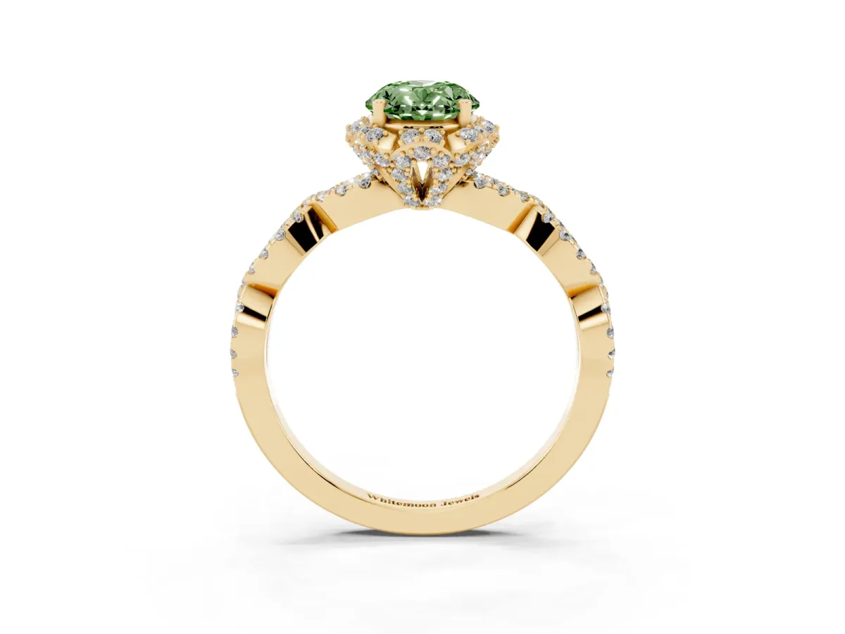 Fancy Green Oval Cut Halo Twist Band Solitaire Ring with Six-Prong Setting Yellow gold
