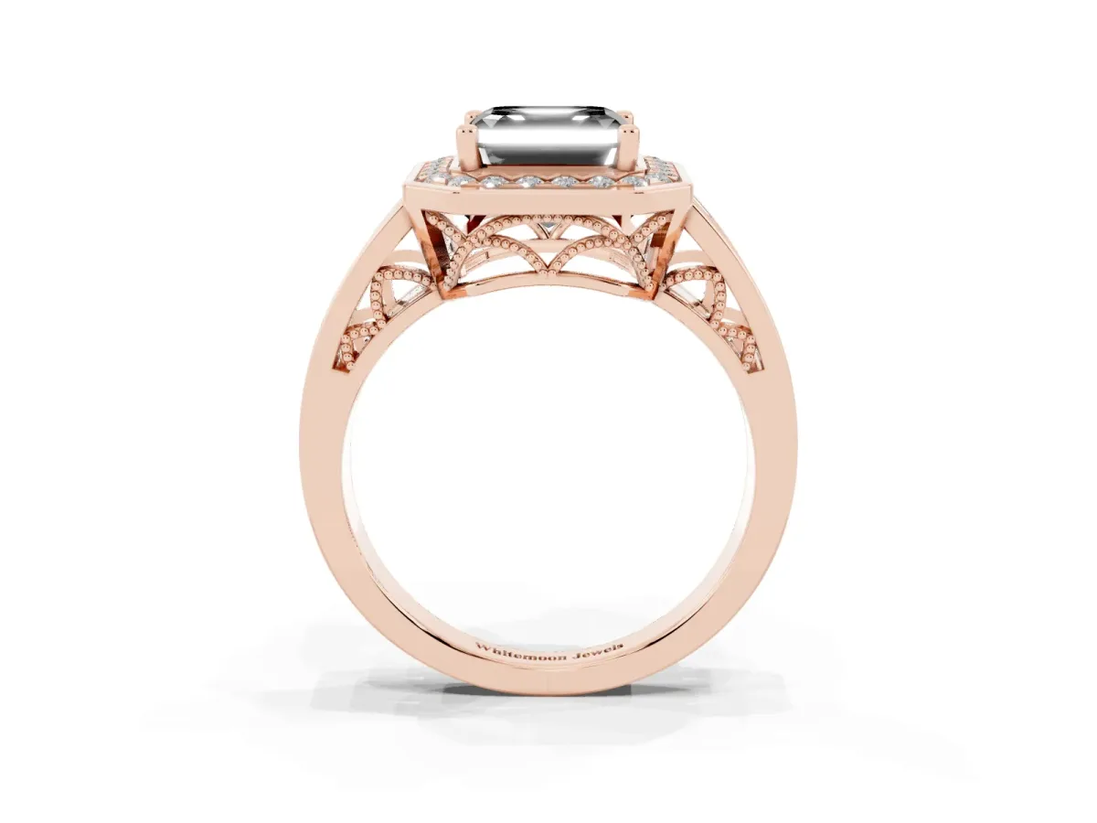 Fancy Black Asscher Cut Diamond Halo Ring with Split Shank and Bezel Accents and Prong Setting Rose gold