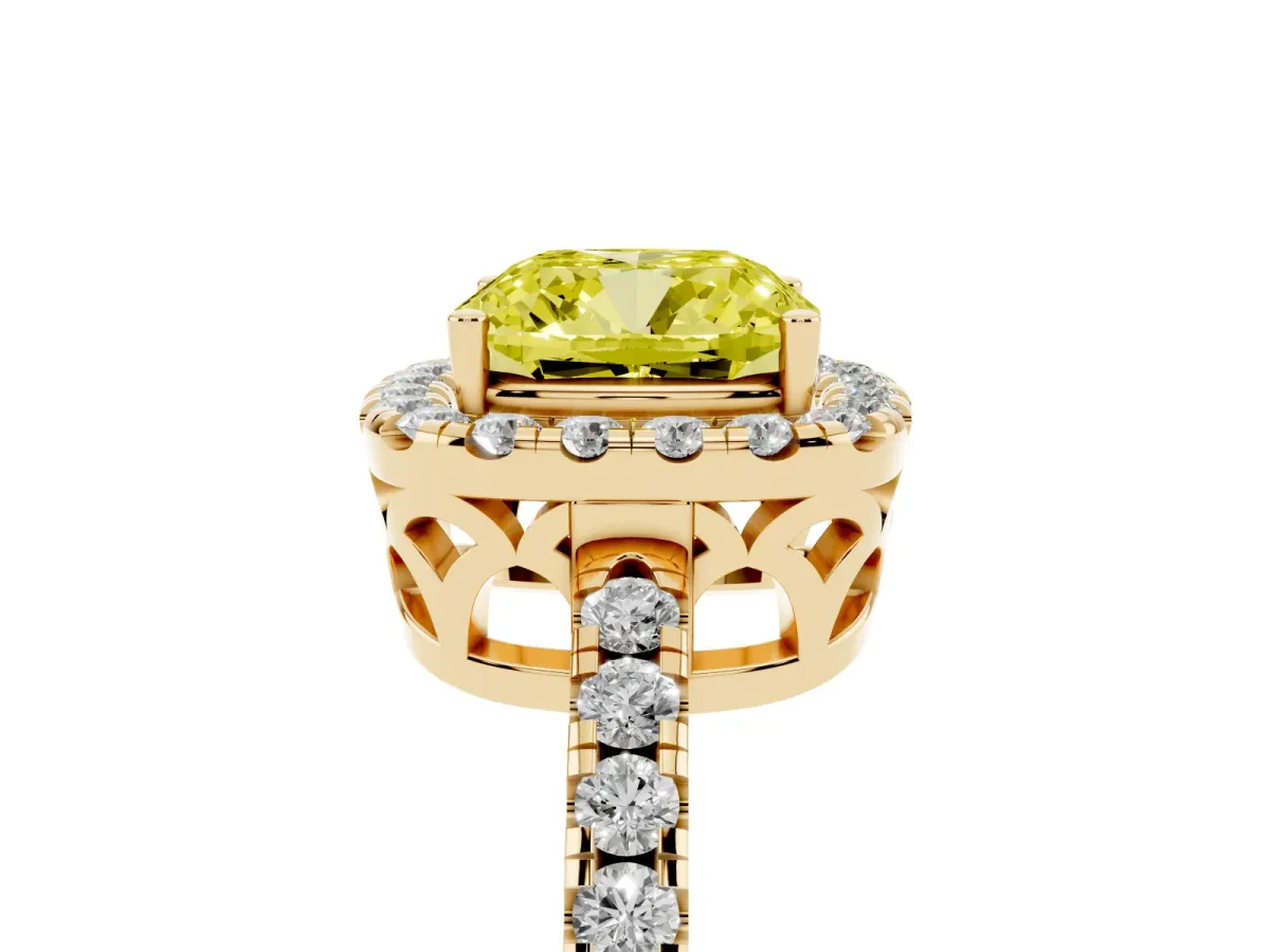 Fancy Yellow Cushion Cut Halo Diamond Engagement Ring with Pavé Band and Four-Prong Setting Yellow gold