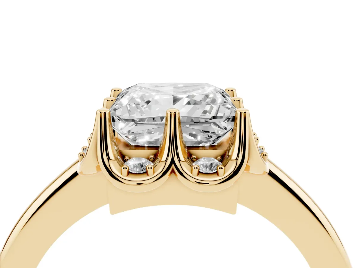 Princess Cut Halo Diamond Ring with Round Cluster Setting, Solitaire Band, and Four-Prong Setting Yellow gold