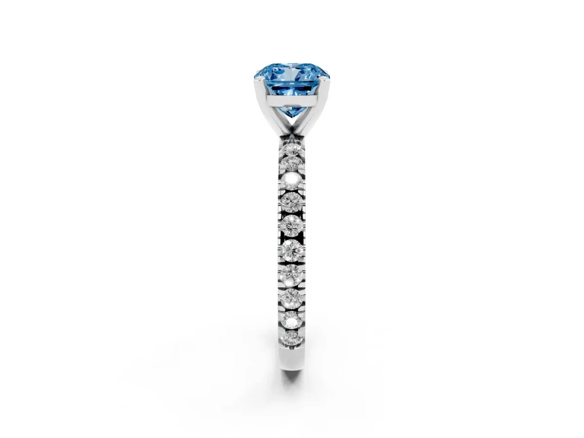 Fancy Blue Cushion Cut Diamond Pavé Band Solitaire with Four-Prong Setting Platinum