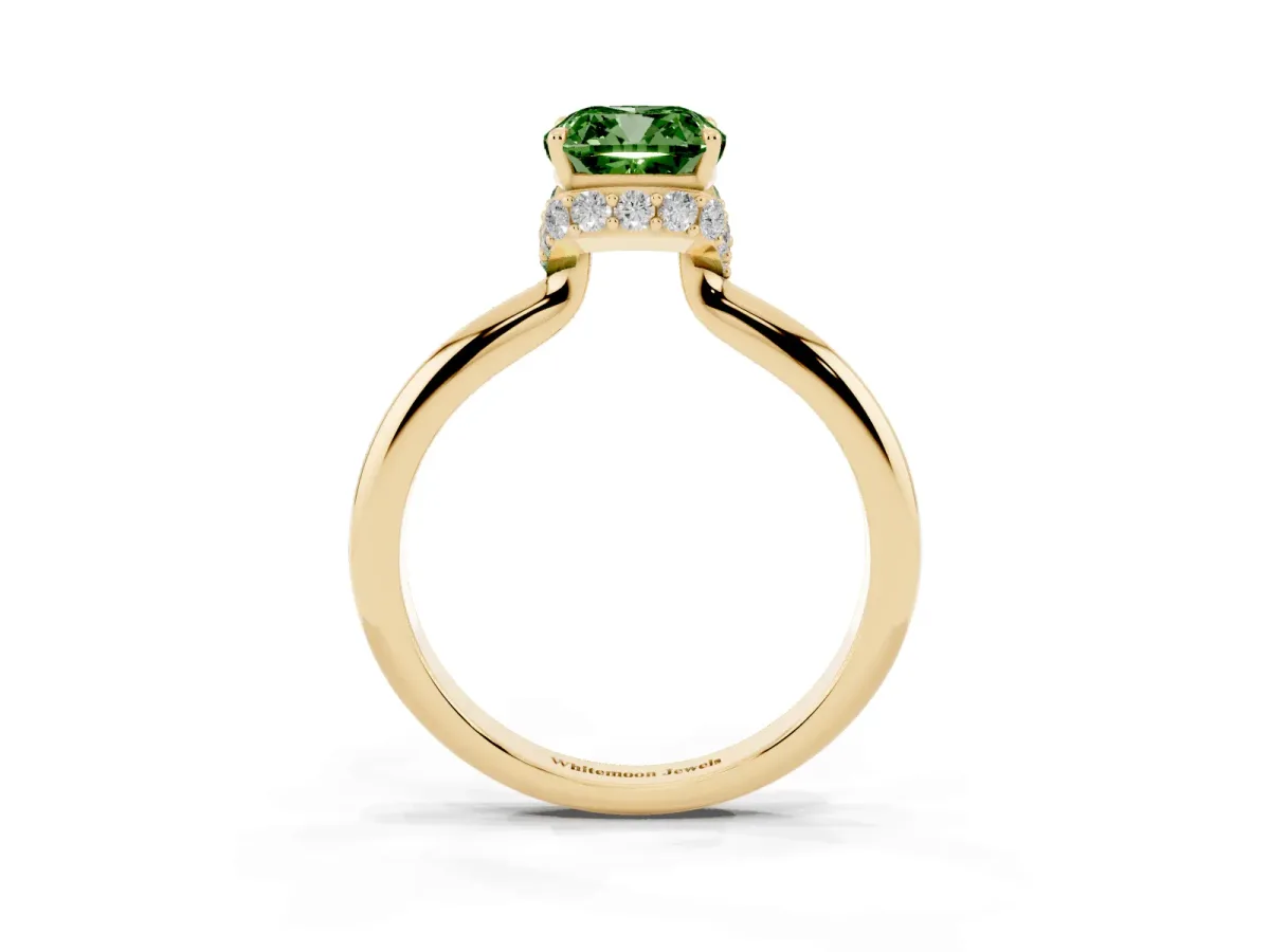 Fancy Green Cushion Cut Brilliant Solitaire Engagement Ring with Six-Prong Setting and Classic Band Yellow gold