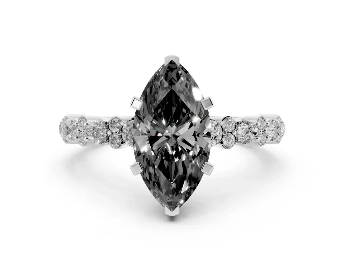 Fancy Black Marquise Cut Diamond Side Stone Solitaire Ring with Round and Four-Prong Setting Silver