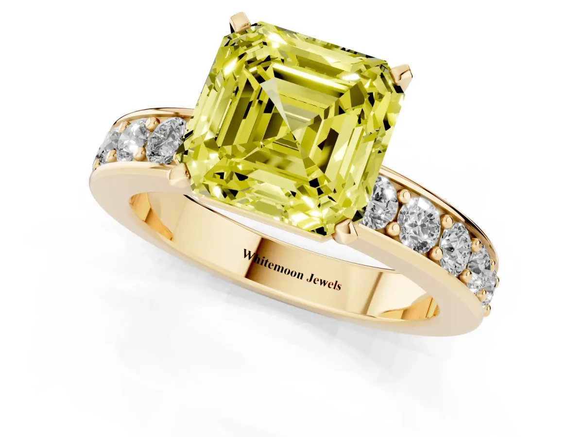 Fancy Yellow Asscher Cut Diamond Engagement Ring with Channel Set Round Band and Prong Setting Yellow gold