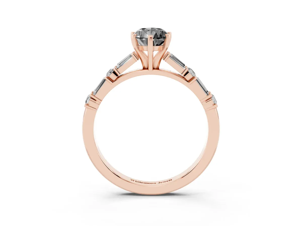 Fancy Black Pear Cut Diamond Solitaire with Side Baguettes and Channel Set Band Rose gold
