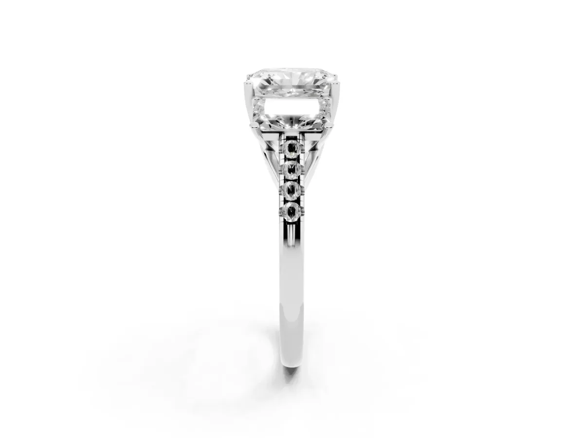Three-Stone Radiant Cut Diamond Ring with Round Pavé Band and Prong Setting Silver