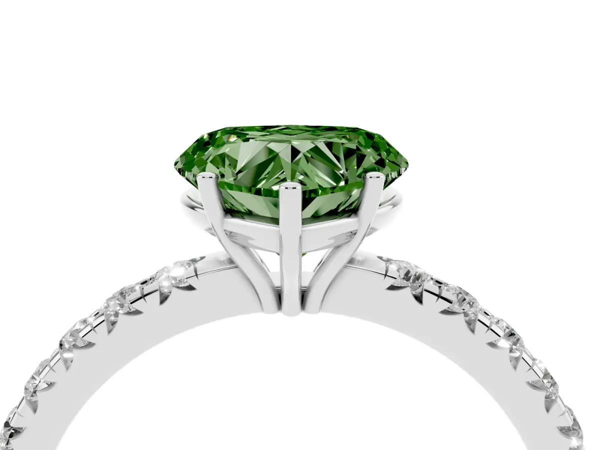 Fancy Green Heart Cut Diamond Pavé Solitaire Engagement Ring with Four-Prong Setting Silver