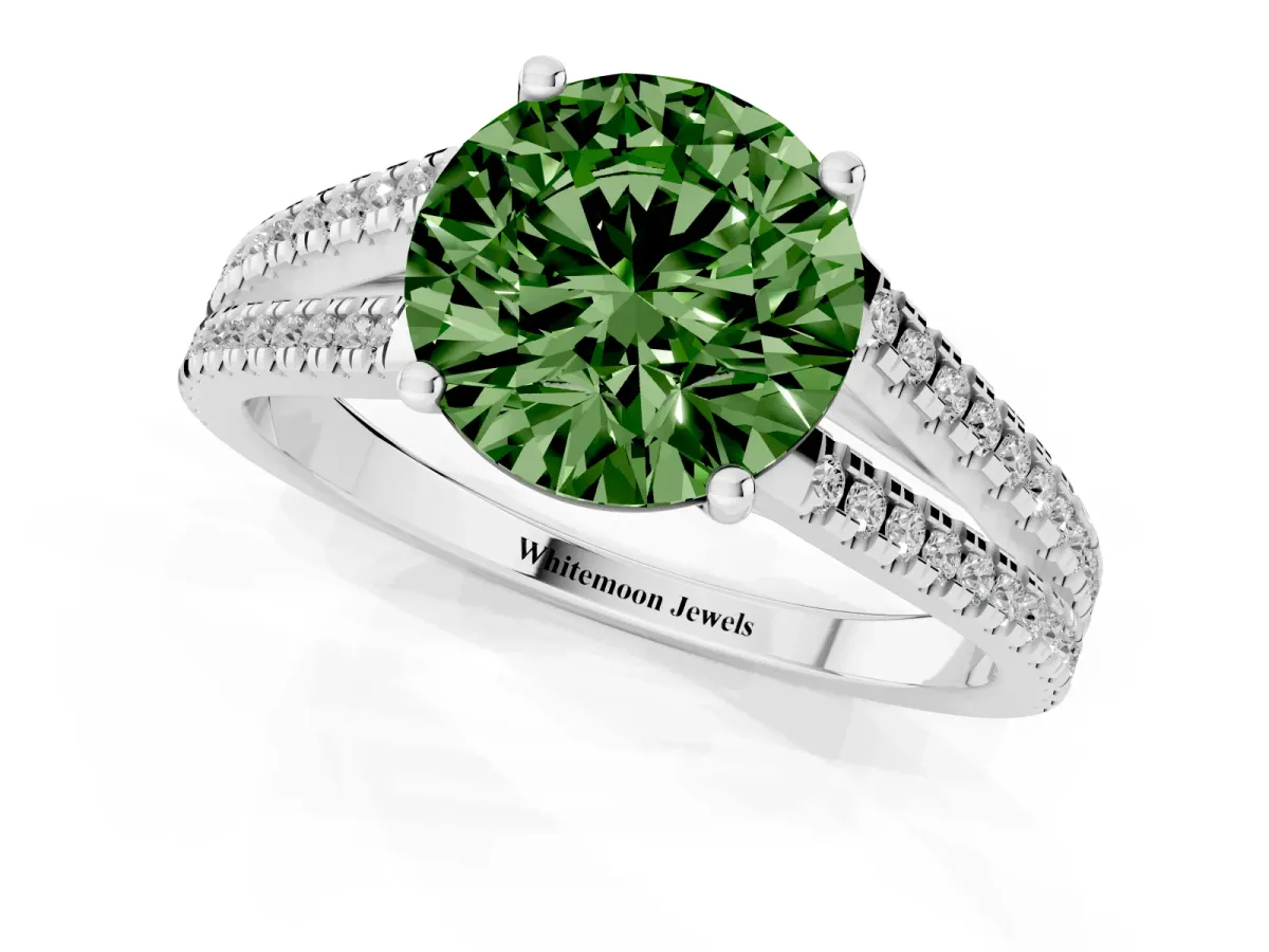 Fancy Green Round Cut Diamond Solitaire Engagement Ring with Split Shank Pavé Band Platinum