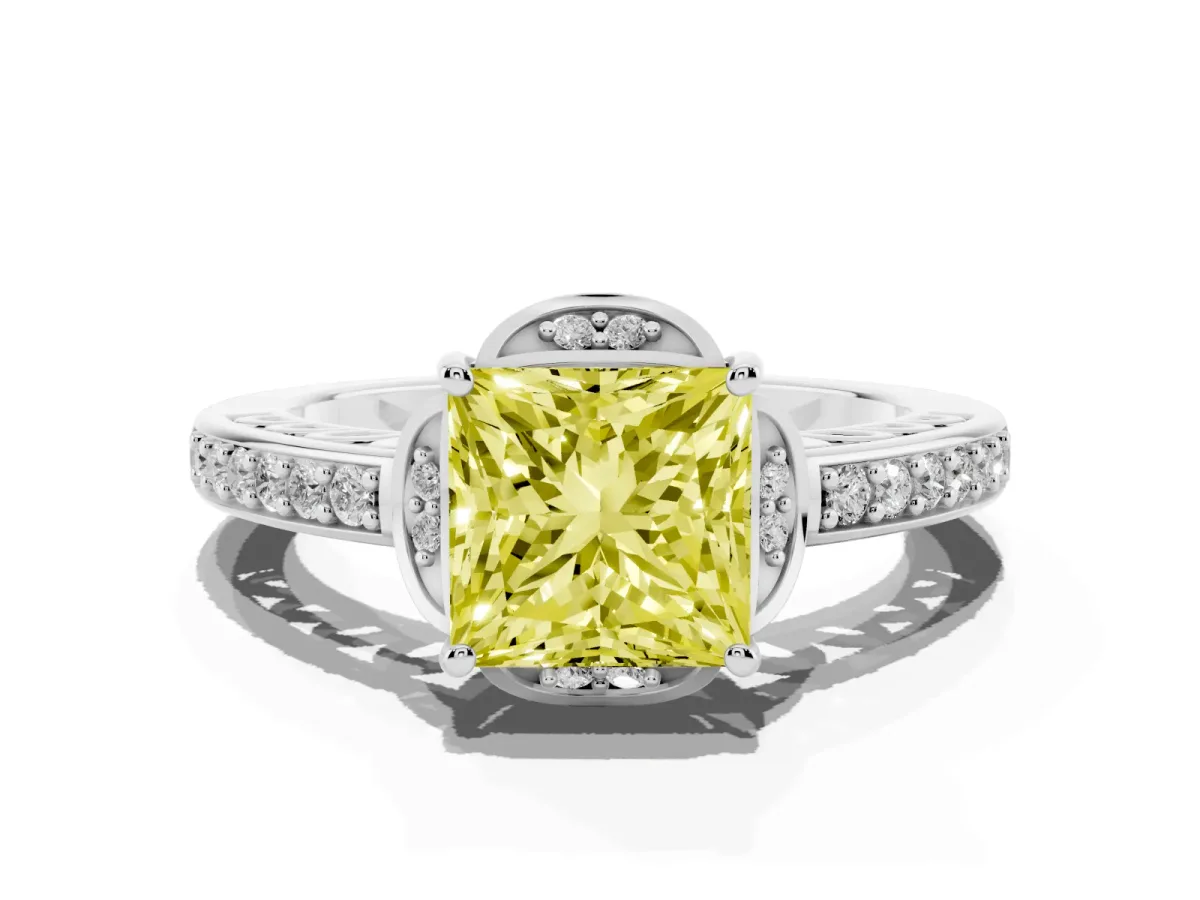 Fancy Yellow Princess Cut Cut Halo Diamond Ring with Channel Set Band and Four-Prong Setting White gold