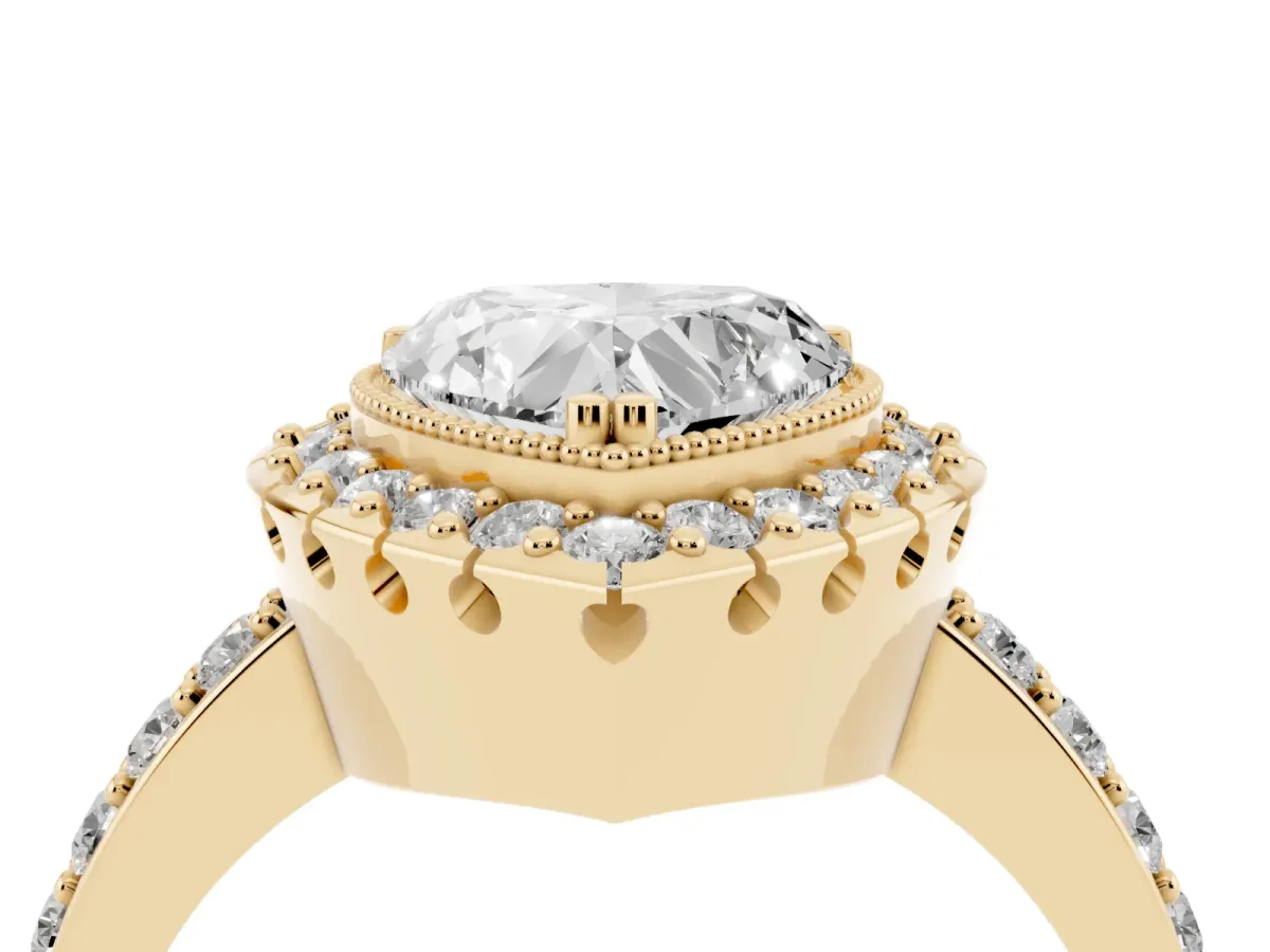 Heart Cut Diamond Halo Ring with Pavé Band and Prong Setting Yellow gold