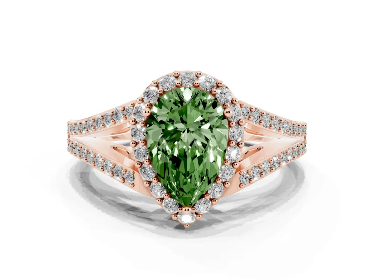 Fancy Green Pear Cut Halo Split Shank Pave Diamond Ring with Four-Prong Setting Rose gold