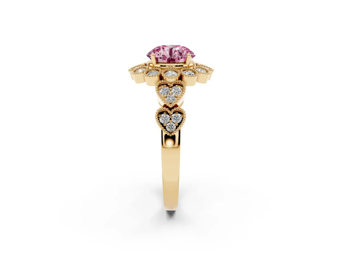 Fancy Pink Round Cut Brilliant Milgrain Pave Heart Band Solitaire Ring Yellow gold