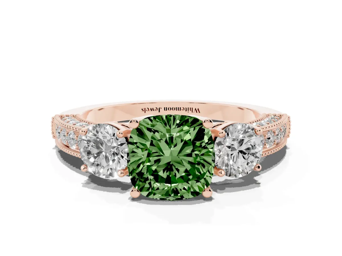 Fancy Green Cushion Cut Three-Stone Diamond Ring with Pavé Band and Four-Prong Setting Rose gold