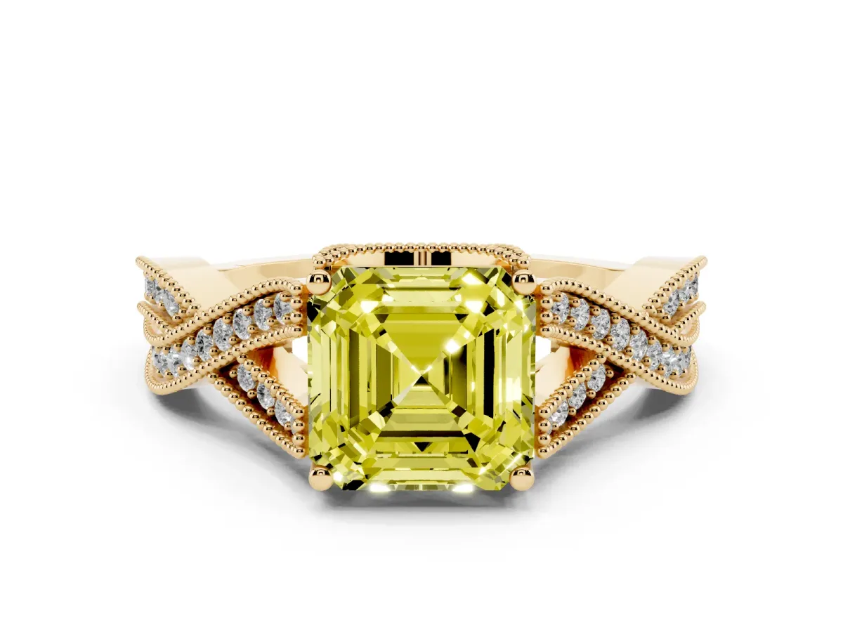 Fancy Yellow Asscher Cut Cut Diamond Twisted Band with Milgrain Pave Setting and Four-Prong Setting Yellow gold