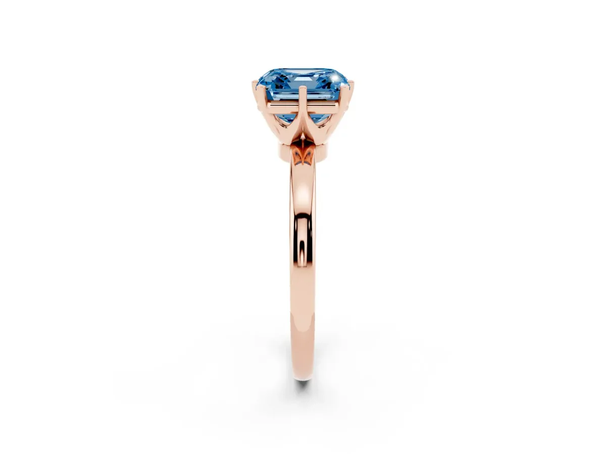 Fancy Blue Asscher Cut Solitaire Diamond Ring with Six-Prong Setting on a Classic Band Rose gold