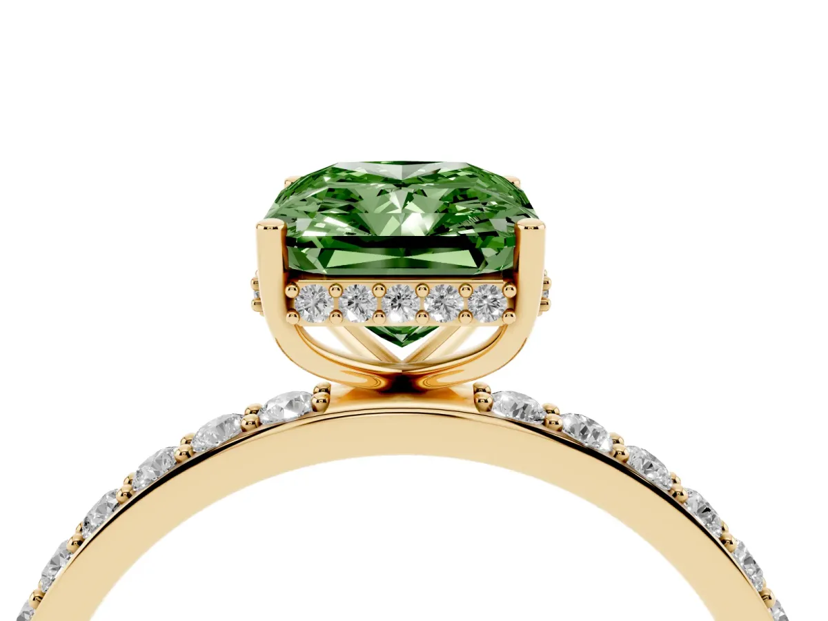 Fancy Green Radiant Cut Diamond Solitaire Ring with Pavé Band and Hidden Halo Yellow gold