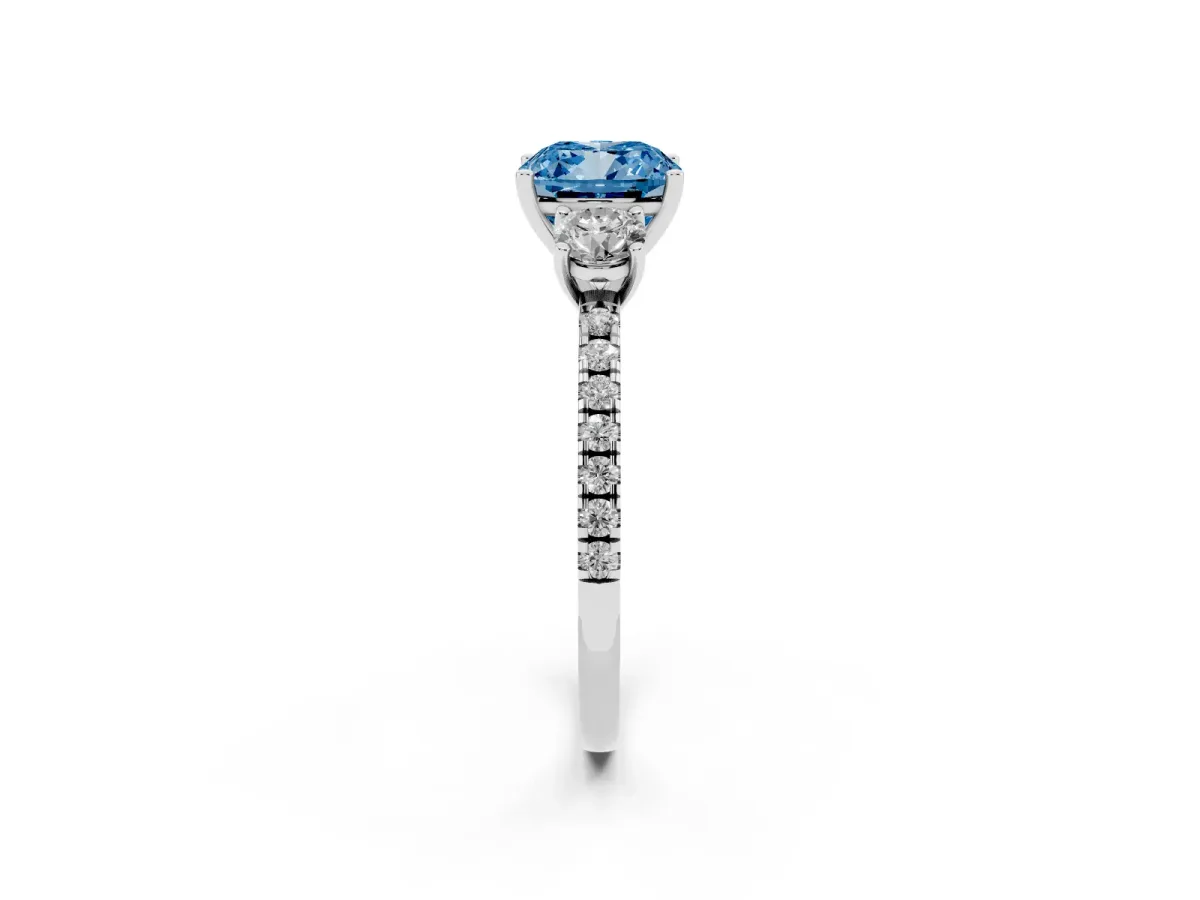 Fancy Blue Three-Stone Cushion Cut Cut Diamond Pavé Band with Prong Setting Platinum