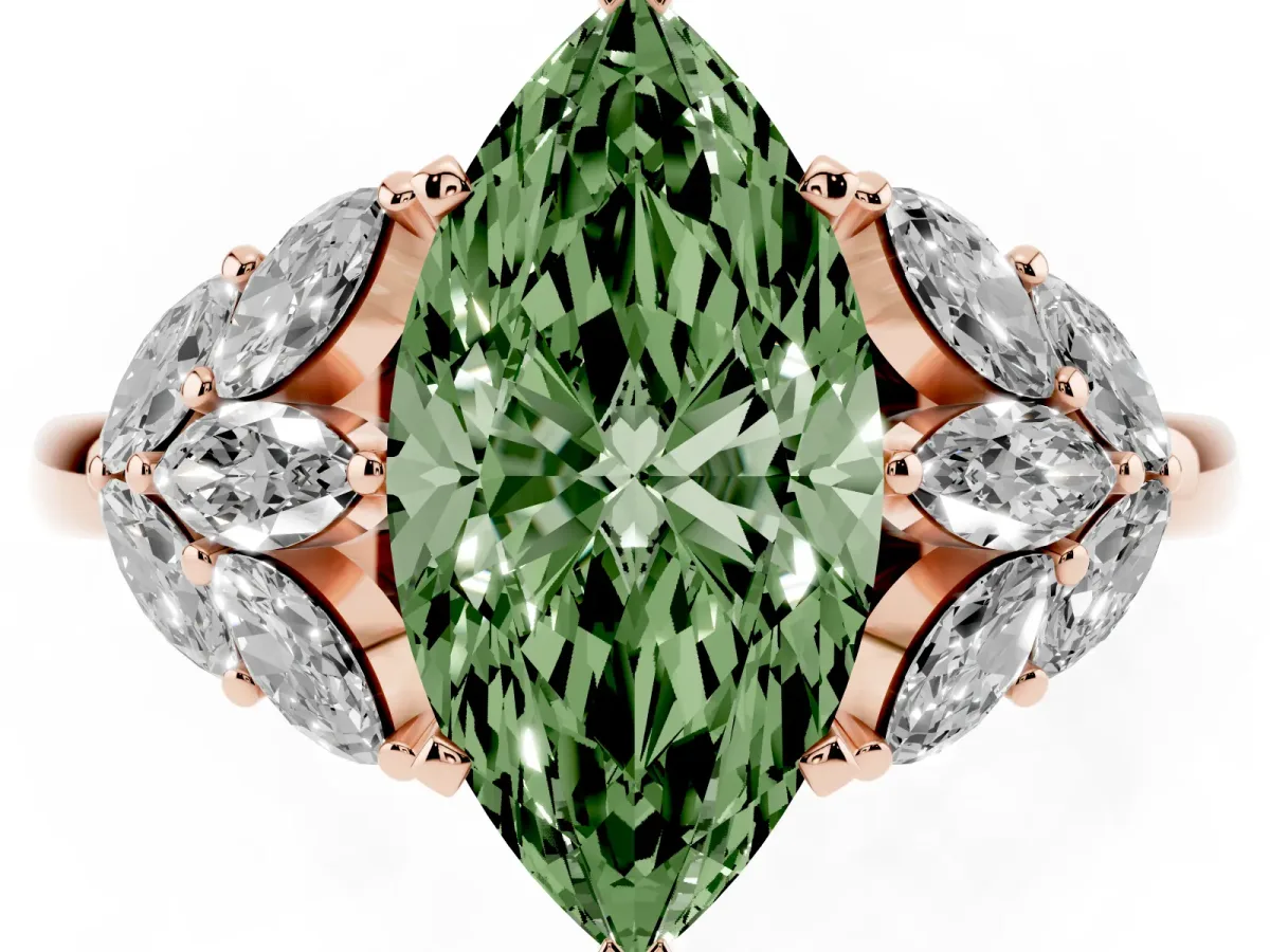 Fancy Green Marquise Cut Diamond Cluster Leaf Design Ring with Prong Setting Rose gold