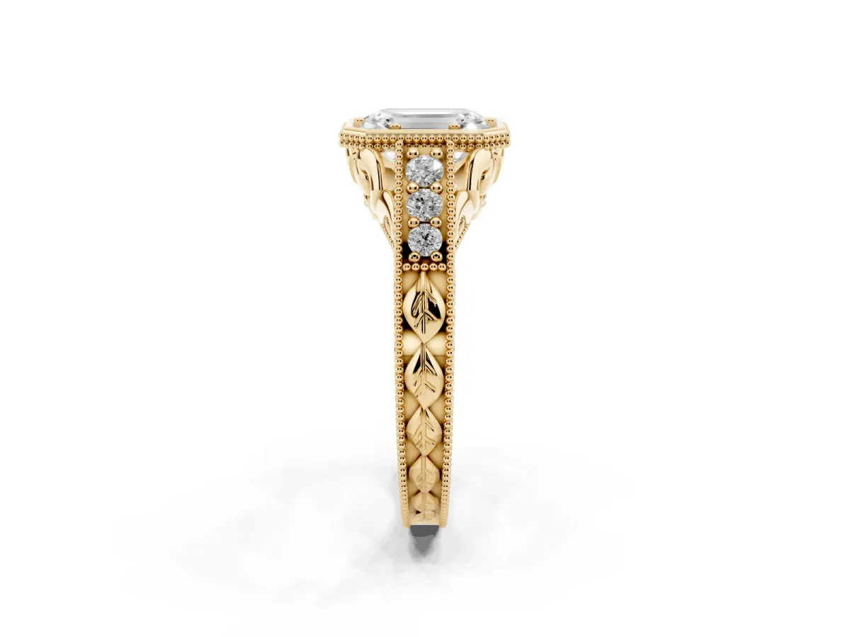 Bezel Set Emerald Cut Diamond Milgrain Pave Engagement Ring Yellow gold