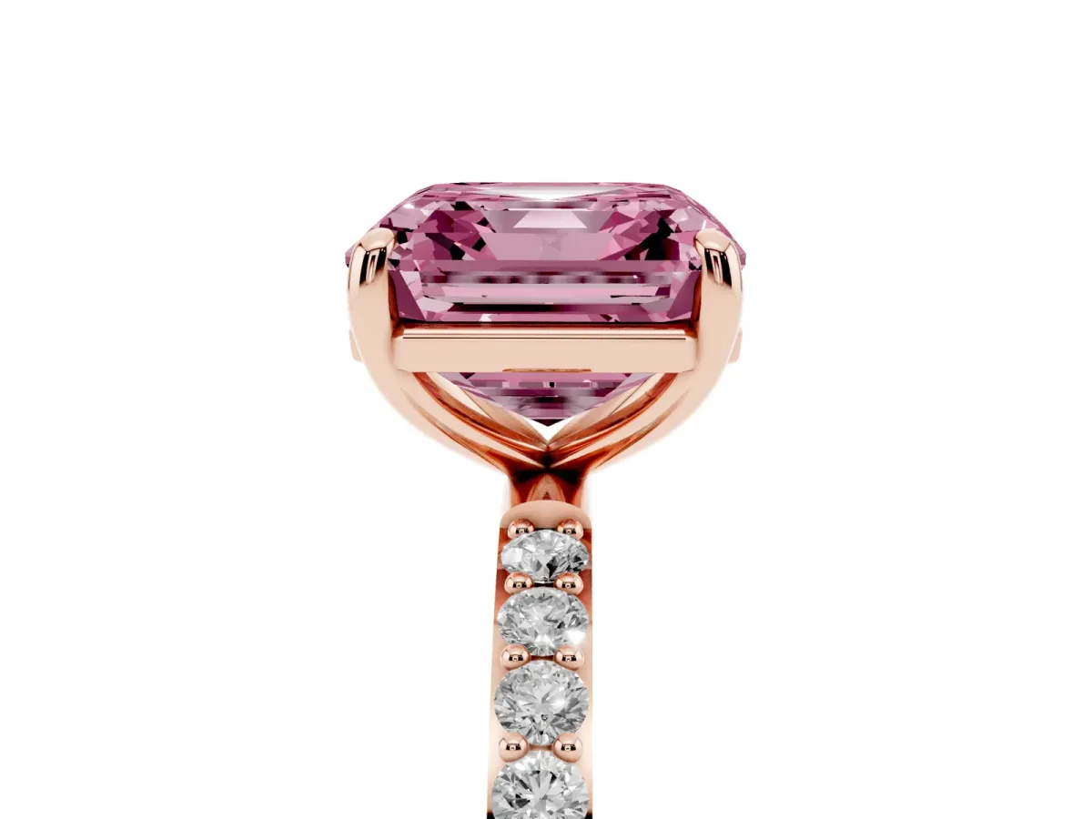 Fancy Pink Asscher Cut Diamond Solitaire Ring with Round Pavé Band and Prong Setting Rose gold