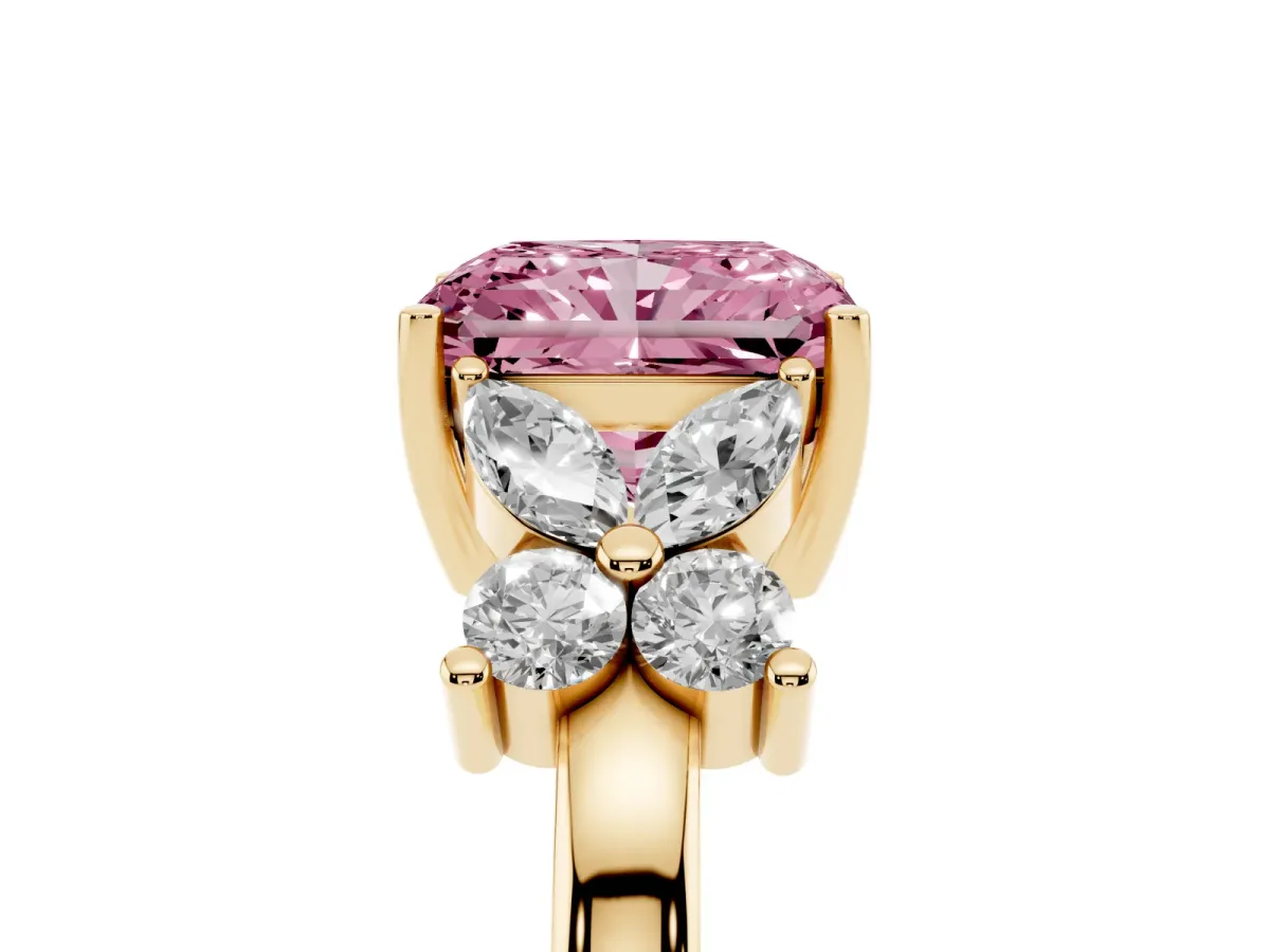 Fancy Pink Radiant Cut Diamond Floral Cluster Ring with Solitaire Band and Prong Setting Yellow gold