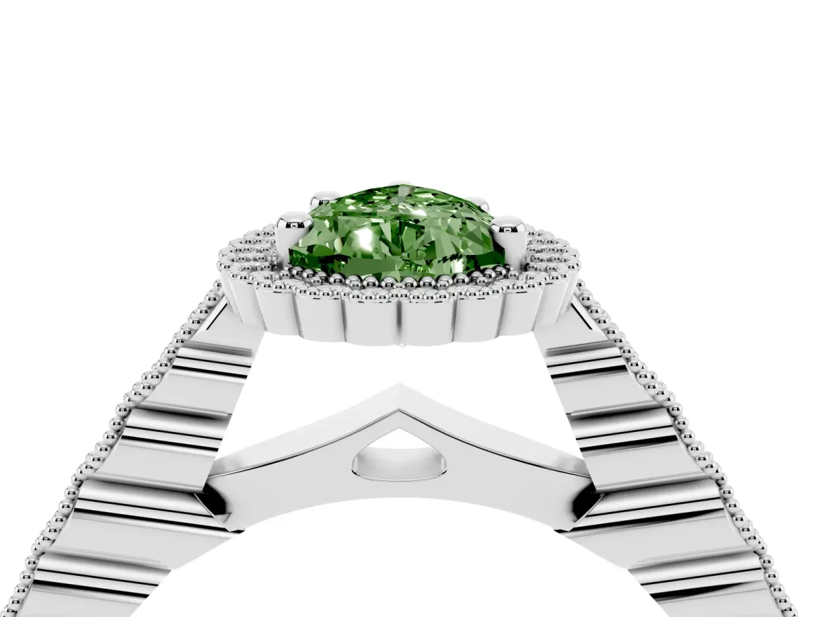 Fancy Green Pear Cut Cut Halo Pavé Solitaire Ring with Milgrain Band Silver