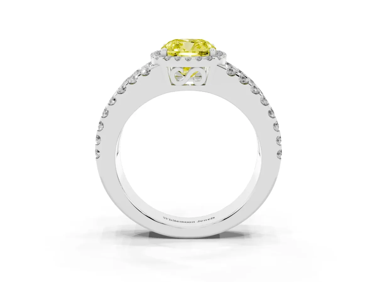 Fancy Yellow Cushion Cut Cut Halo Split Shank Diamond Ring with Four-Prong Setting Platinum