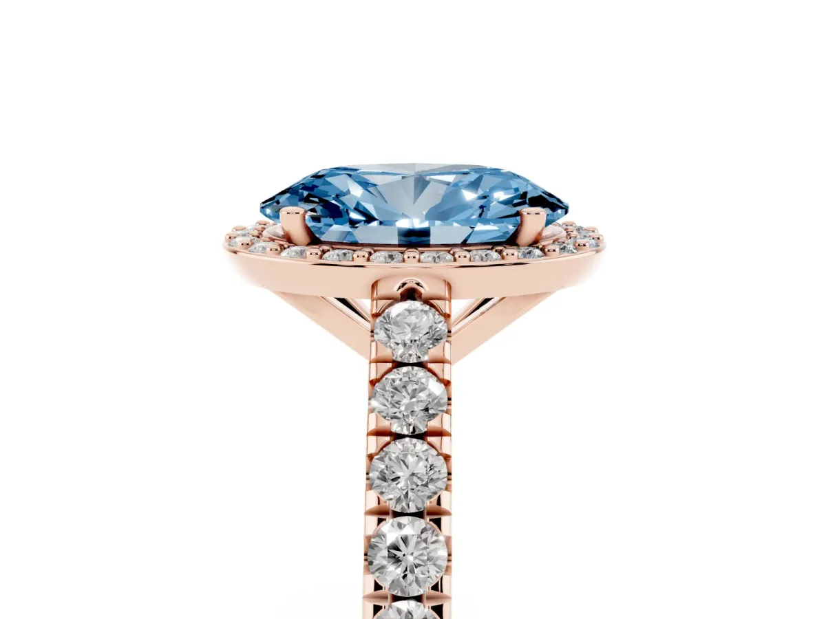 Fancy Blue Oval Cut Cut Halo Diamond Engagement Ring with Pave Band and Four-Prong Setting Rose gold