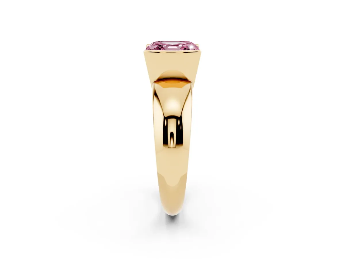 Fancy Pink Asscher Cut Solitaire Tension Set Diamond Ring with Wide Band Yellow gold