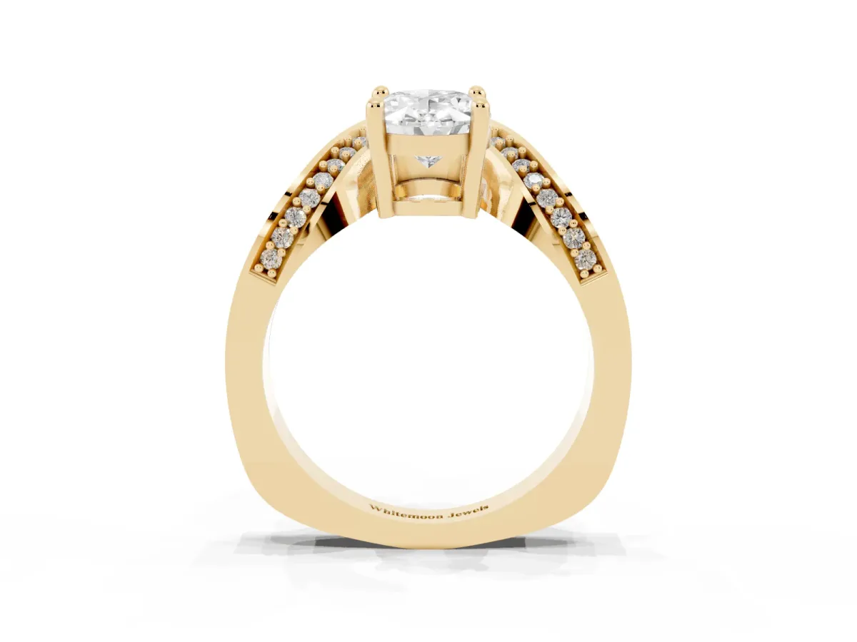 Oval Cut Solitaire Diamond Engagement Ring with Pave Band and Four-Prong Setting Yellow gold