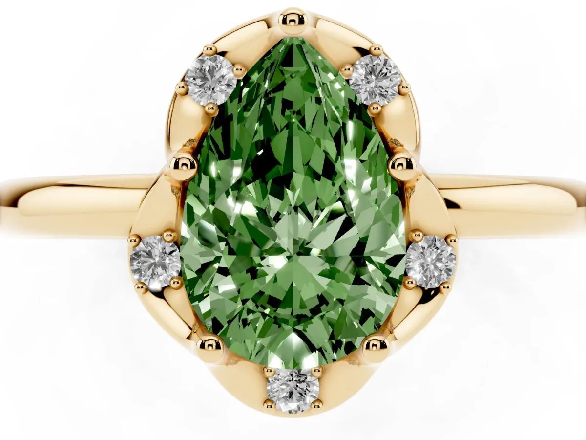 Fancy Green Pear Cut Halo Diamond Ring with Round Cluster Setting, Solitaire Band, and Four-Prong Setting Yellow gold