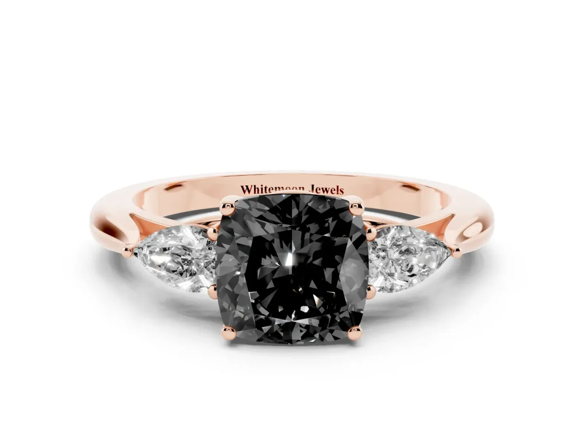 Fancy Black Cushion Cut Diamond Three-Stone Ring with Pear Side Stones and Prong Setting Rose gold