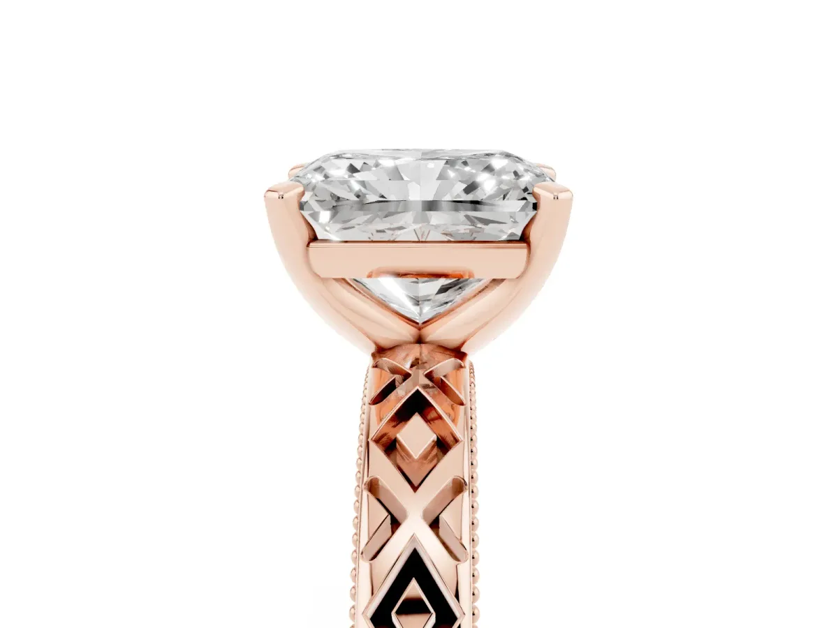 Radiant Cut Solitaire Diamond Ring with Milgrain and Black Enamel X Pattern Band Rose gold