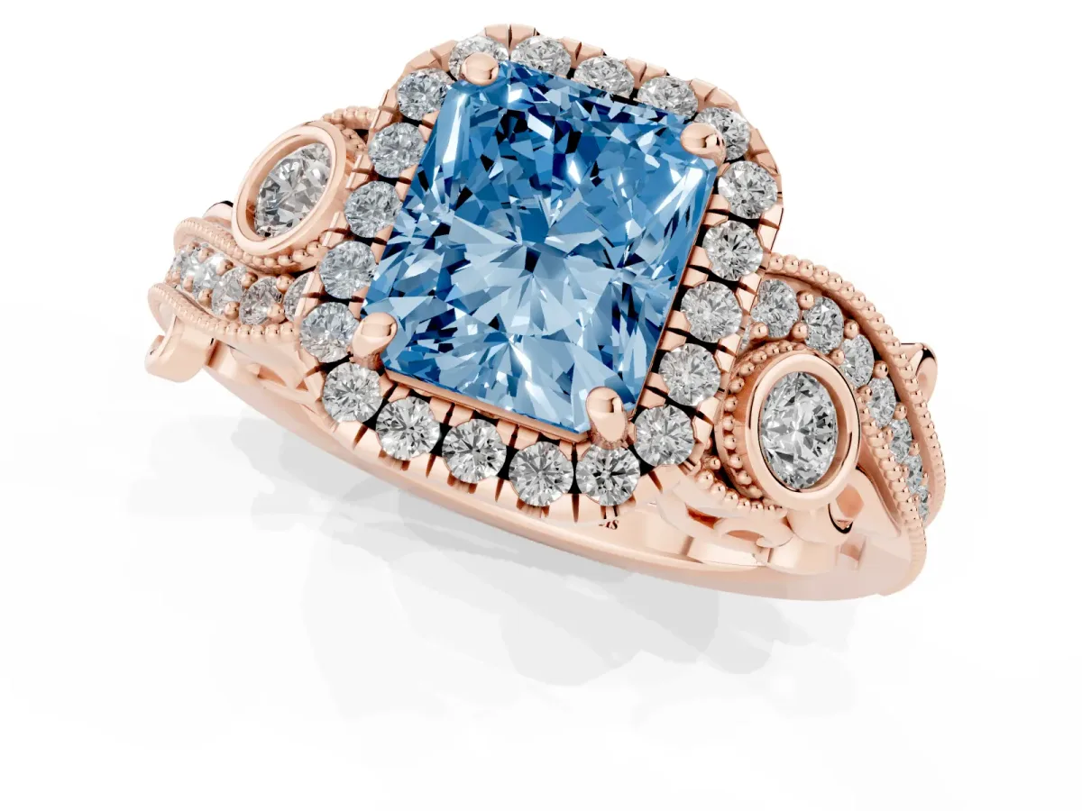 Fancy Blue Radiant Cut Diamond Halo Ring with Milgrain Pavé Band and Four-Prong Setting Rose gold