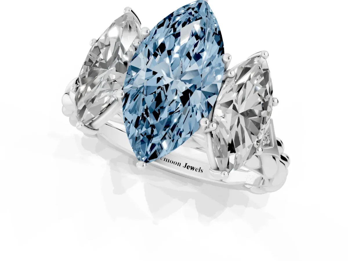 Fancy Blue Three-Stone Marquise Cut Diamond Braided Band Ring with Four-Prong Setting Platinum