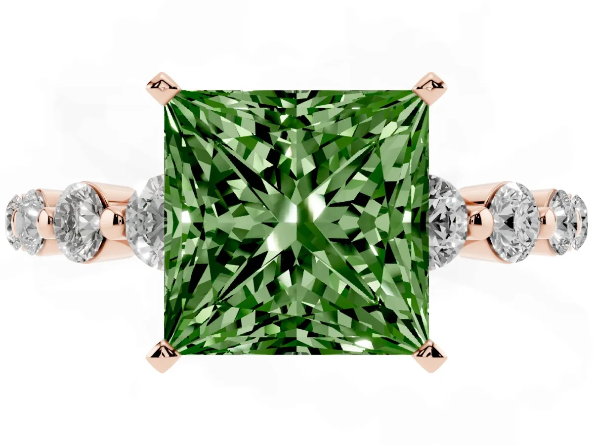 Fancy Green Princess Cut Solitaire Diamond Ring with Pave Band and Four-Prong Setting Rose gold