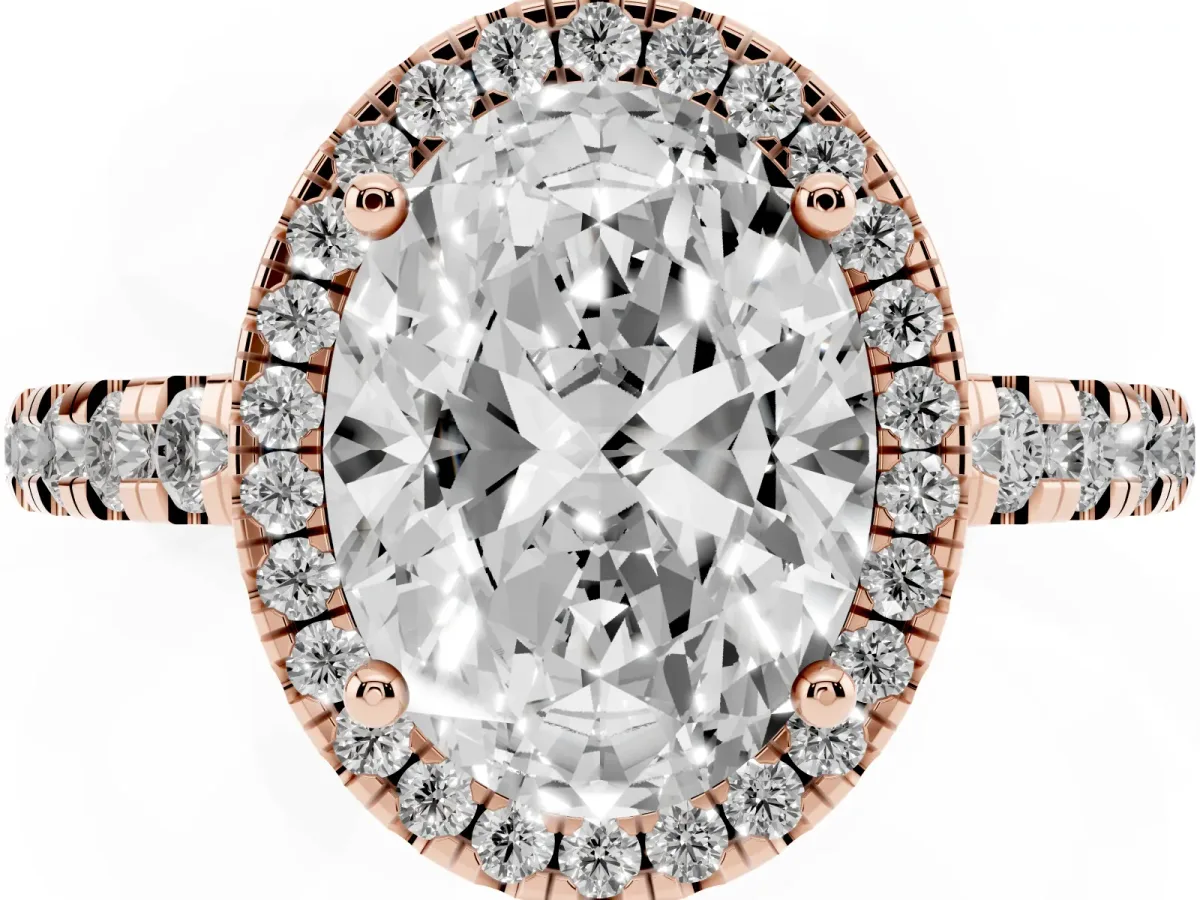 Oval Cut Diamond Halo Ring with Pavé Band and Four-Prong Setting Rose gold