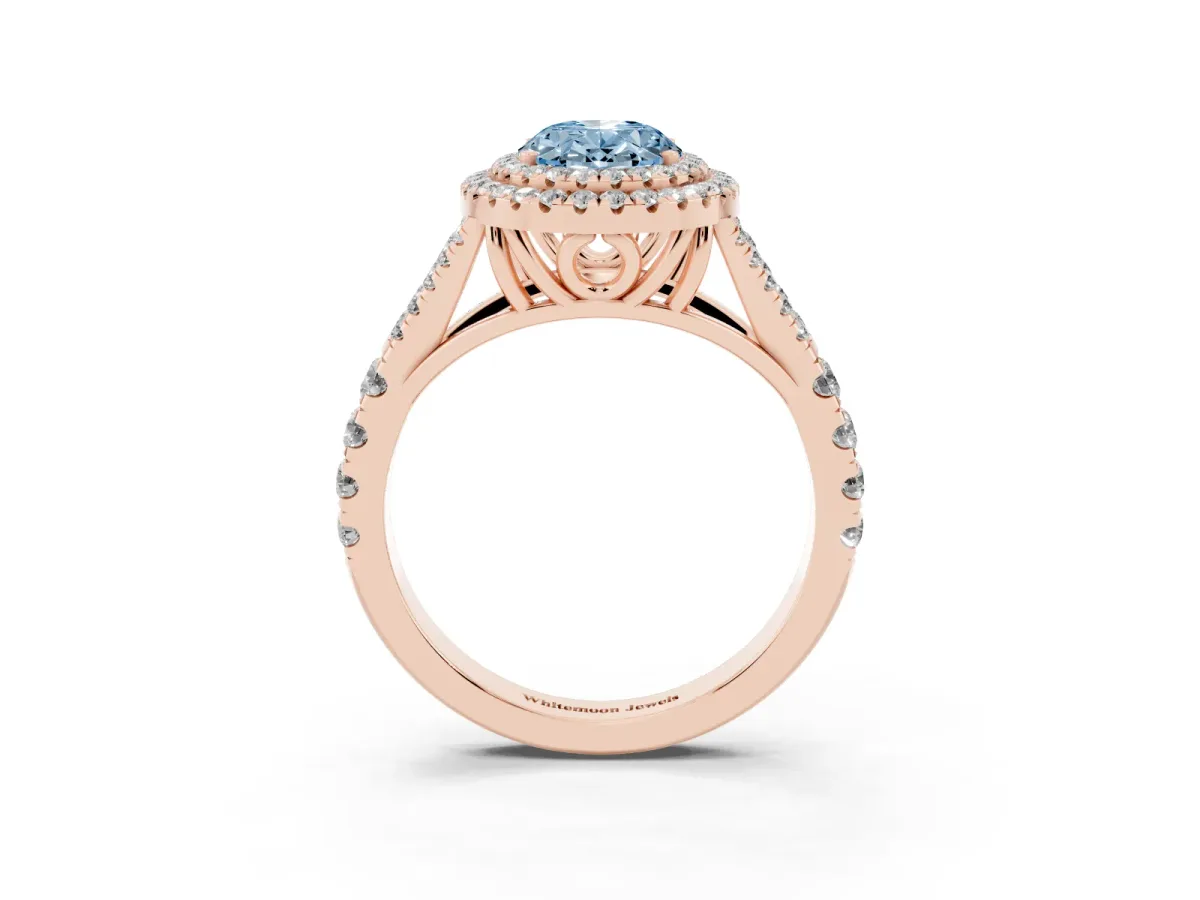 Fancy Blue Double Halo Oval Cut Diamond Split Shank Engagement Ring with Four-Prong Setting Rose gold