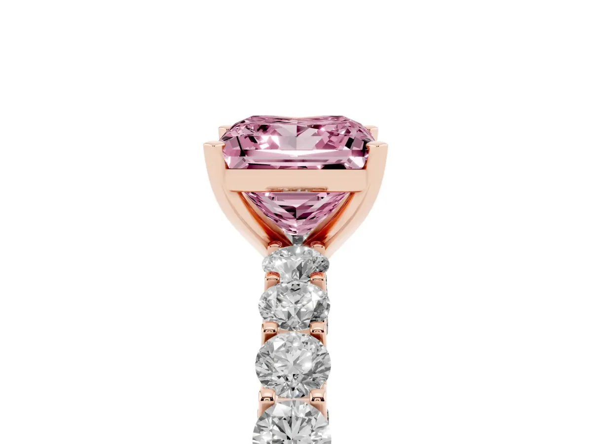 Fancy Pink Princess Cut Diamond Solitaire Ring with Shared Prong Pavé Band and Four-Prong Setting Rose gold