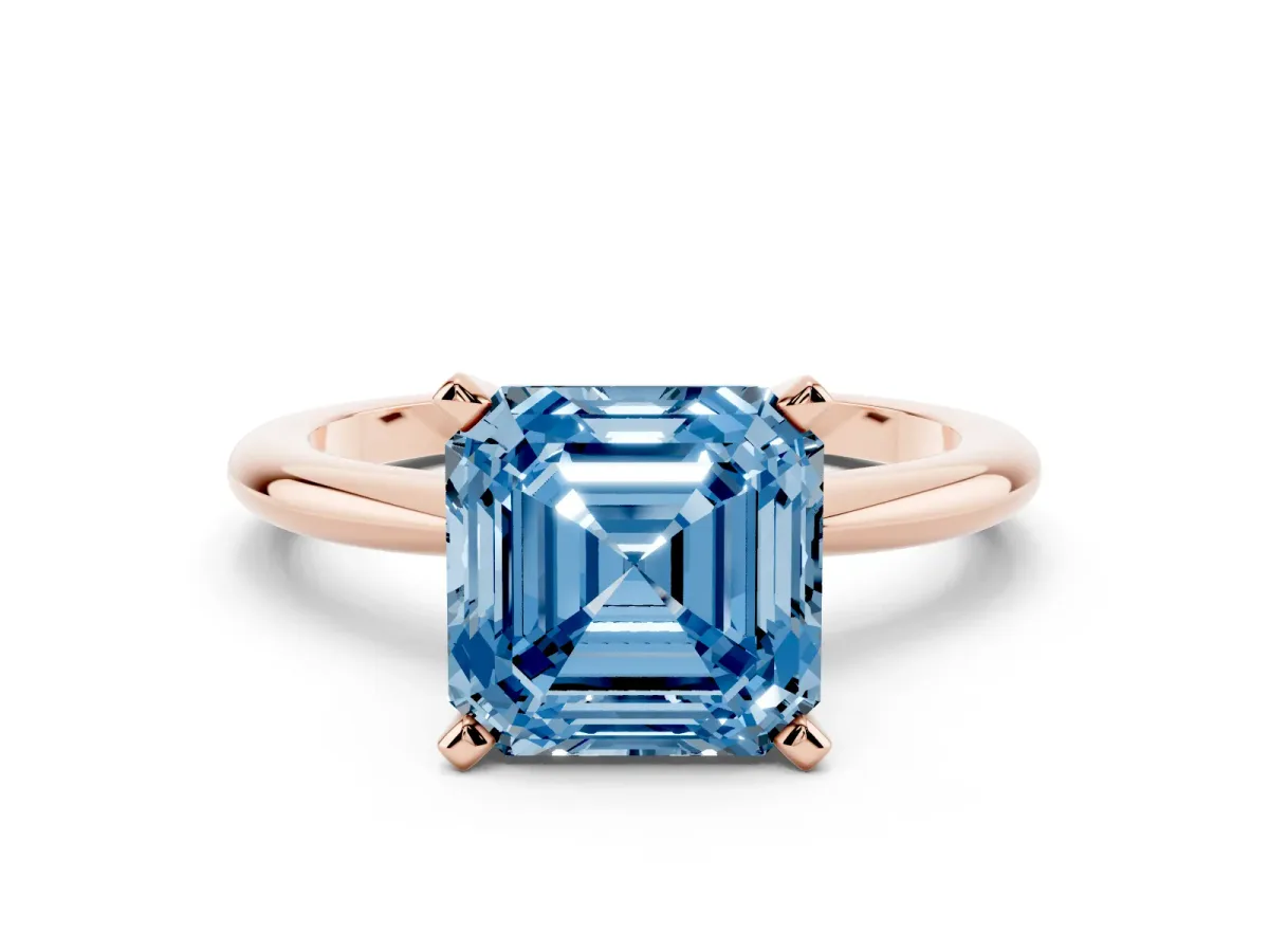 Fancy Blue Asscher Cut Diamond Solitaire Ring with Prong Setting and Classic Band Rose gold