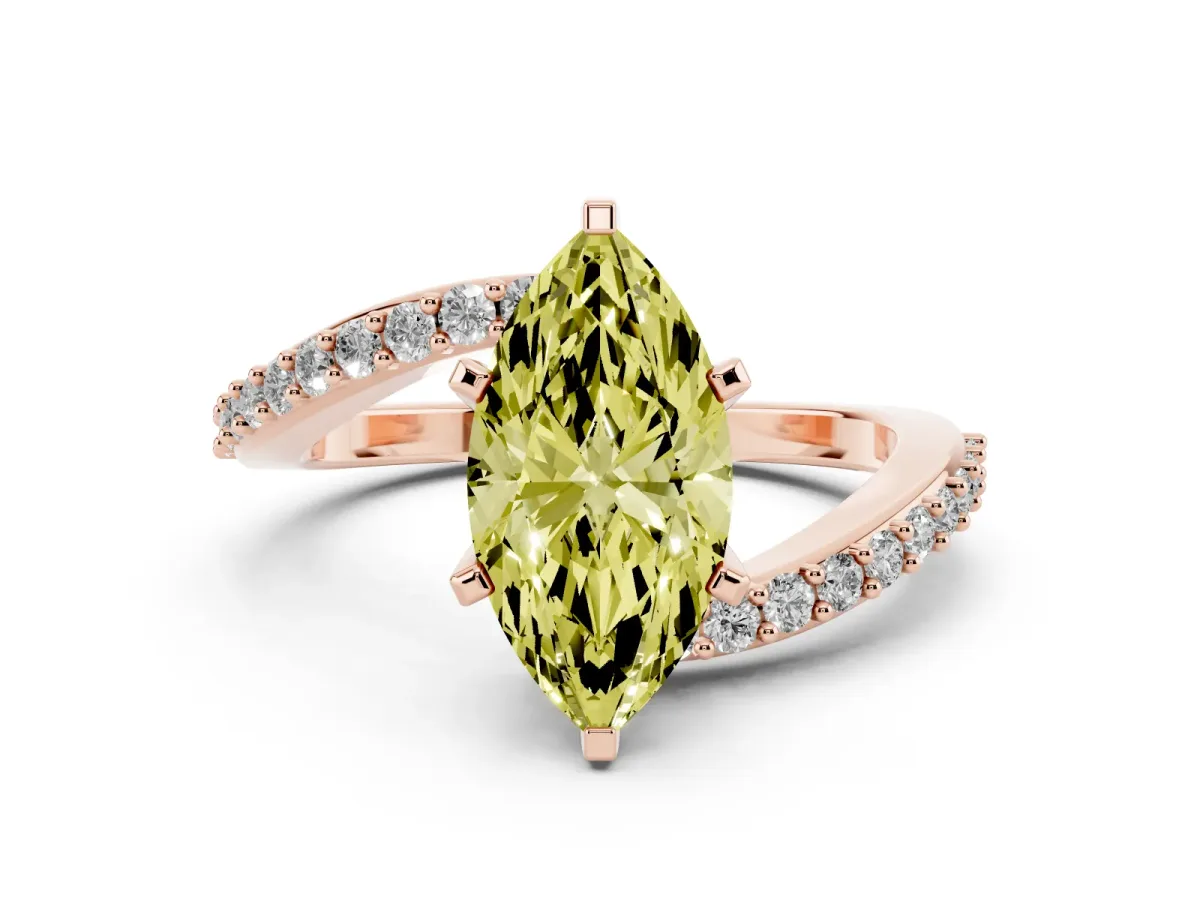 Fancy Yellow Marquise Cut Solitaire Twist Band with Pave Set Diamonds and Four-Prong Setting Rose gold