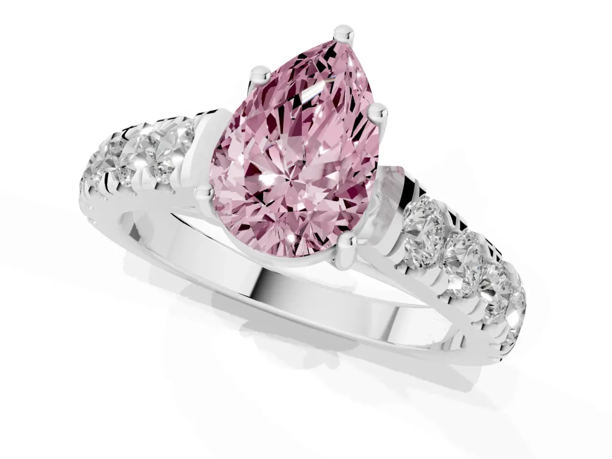 Fancy Pink Pear Cut Cut Diamond Solitaire Ring with Micro Pave Band and Prong Setting Platinum
