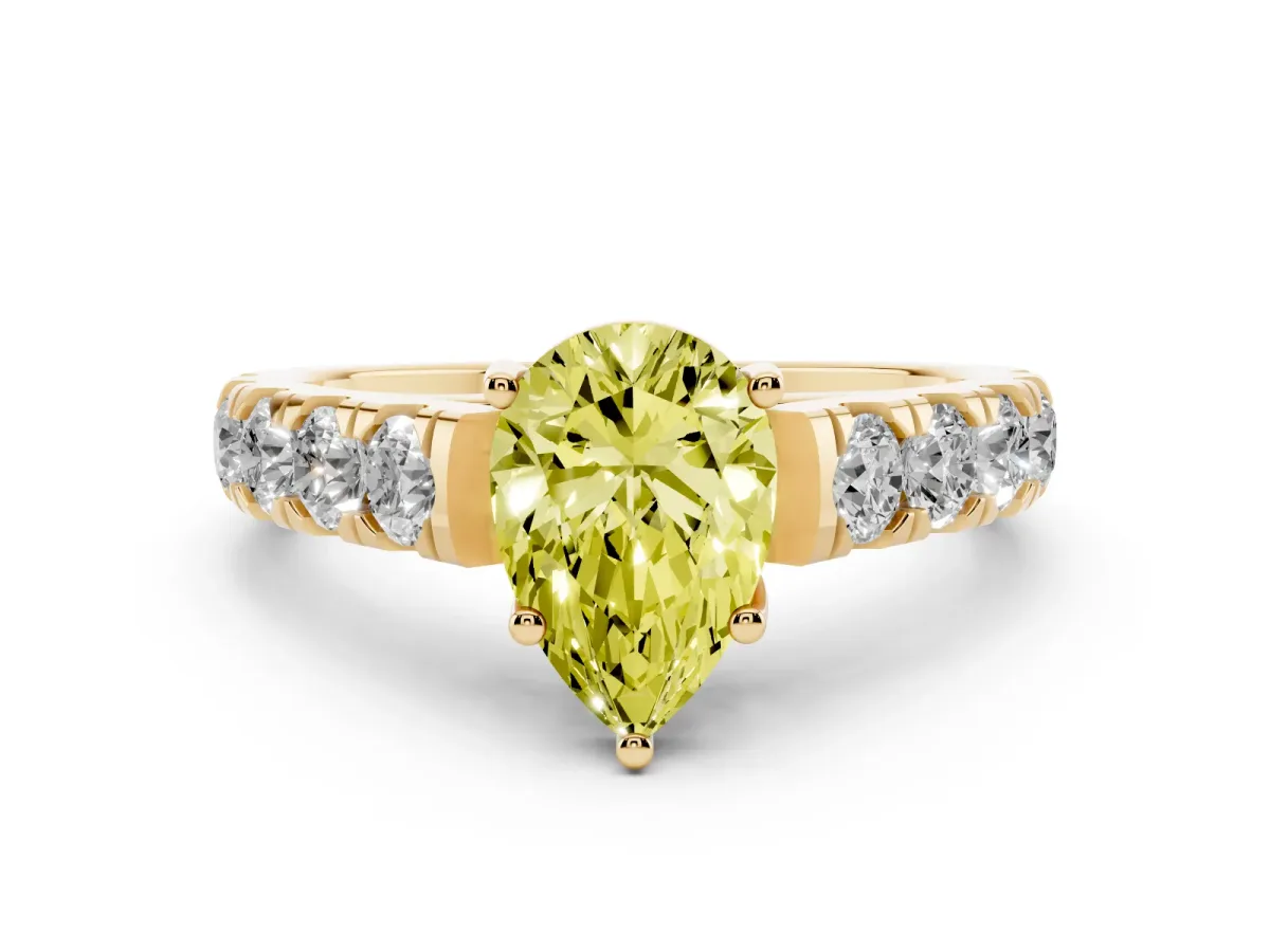 Fancy Yellow Pear Cut Cut Diamond Solitaire Ring with Micro Pave Band and Prong Setting Yellow gold