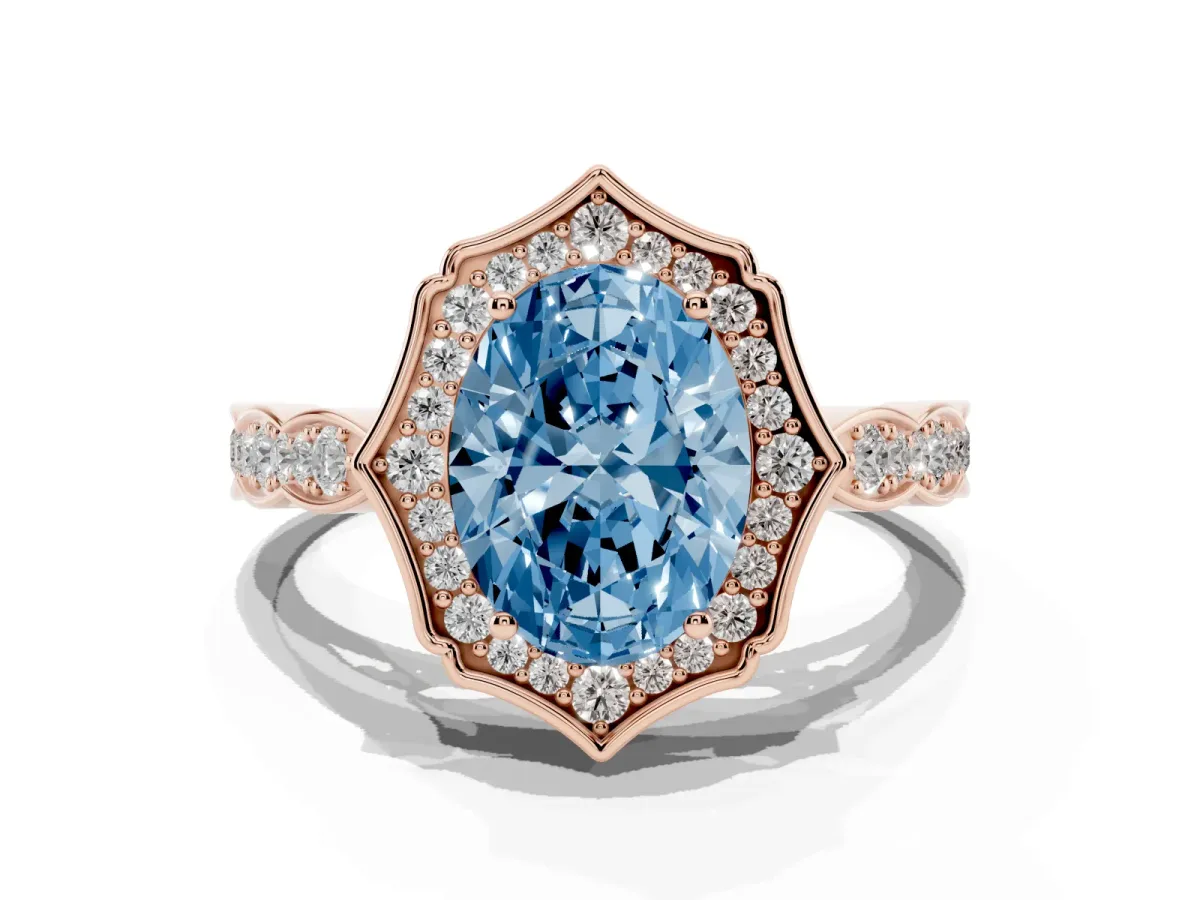 Fancy Blue Oval Cut Halo Diamond Engagement Ring with Milgrain Band and Four-Prong Setting Rose gold