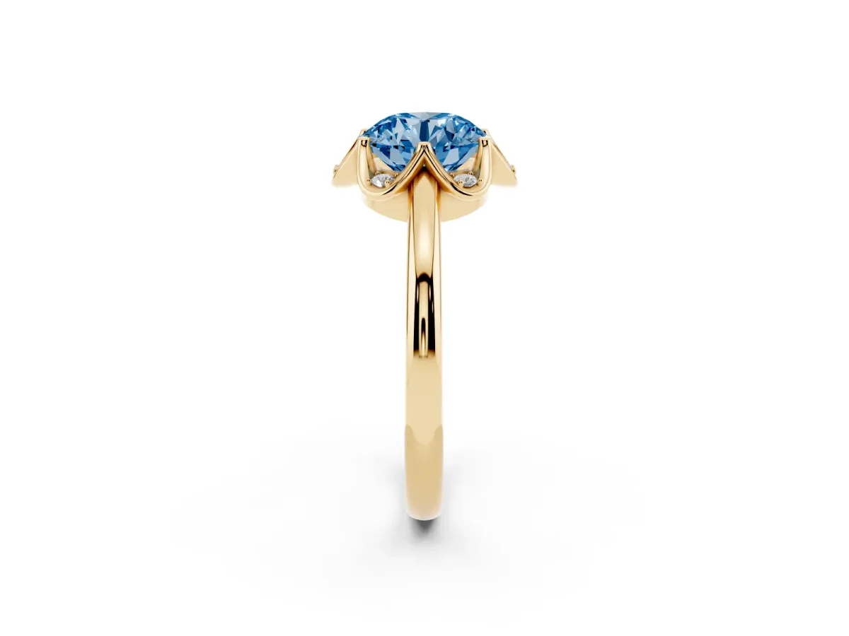 Fancy Blue Round Cut Halo Diamond Ring with Round Cluster Setting, Solitaire Band, and Four-Prong Setting Yellow gold