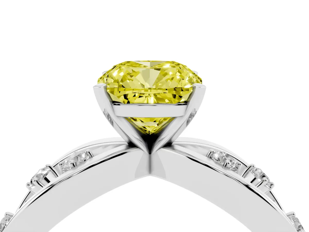 Fancy Yellow Cushion Cut Cut Solitaire Diamond with Side Stones on Criss-Cross Band and Four-Prong Setting Silver