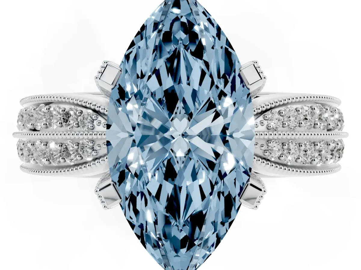 Fancy Blue Marquise Cut Diamond Solitaire Ring with Milgrain Round Pavé Band and Prong Setting Silver