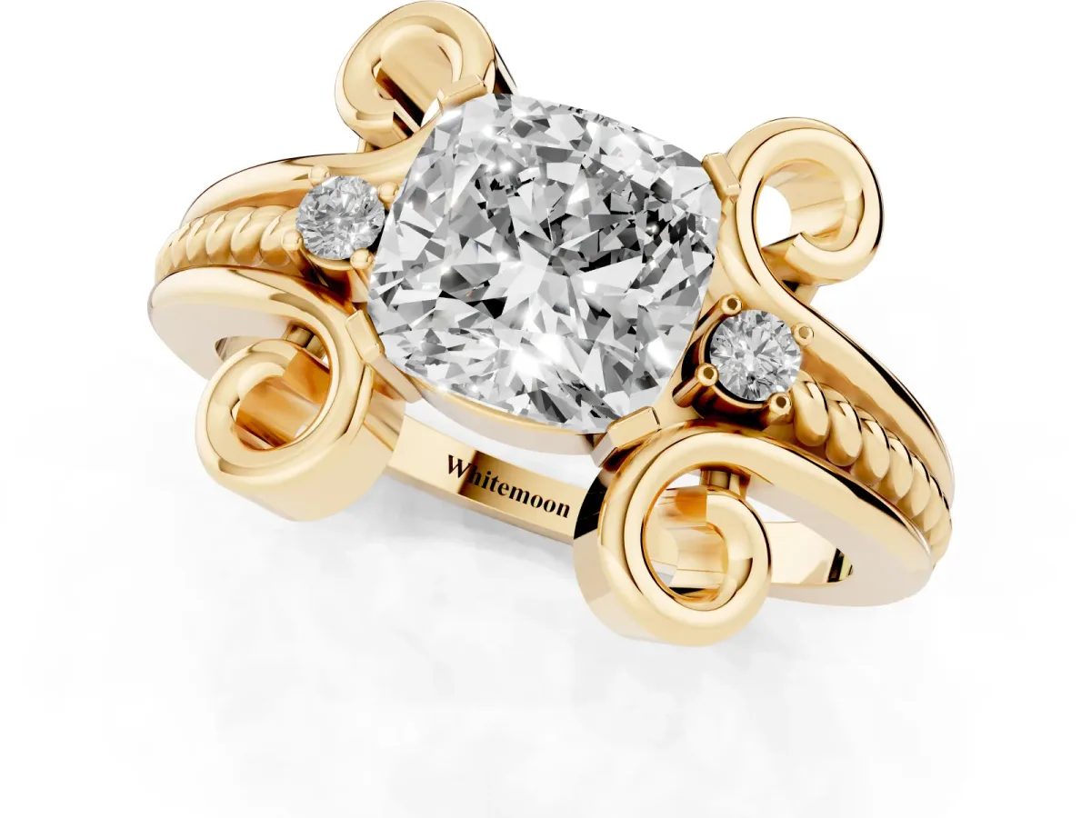 Cushion Cut Solitaire Twisted Band Scroll Prong Ring Yellow gold