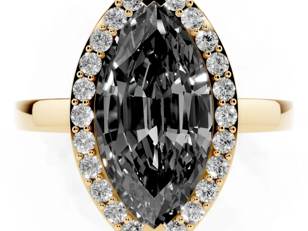 Fancy Black Marquise Cut Halo Diamond Ring with Solitaire Band and Prong Setting Yellow gold